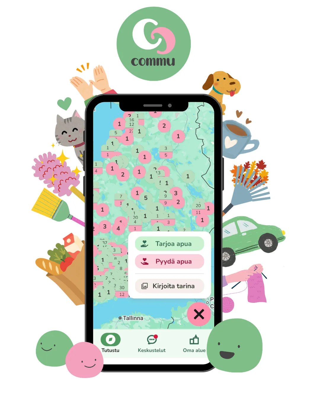 Commu-sovellus puhelimessa – kartta ja avunpyyntöjä