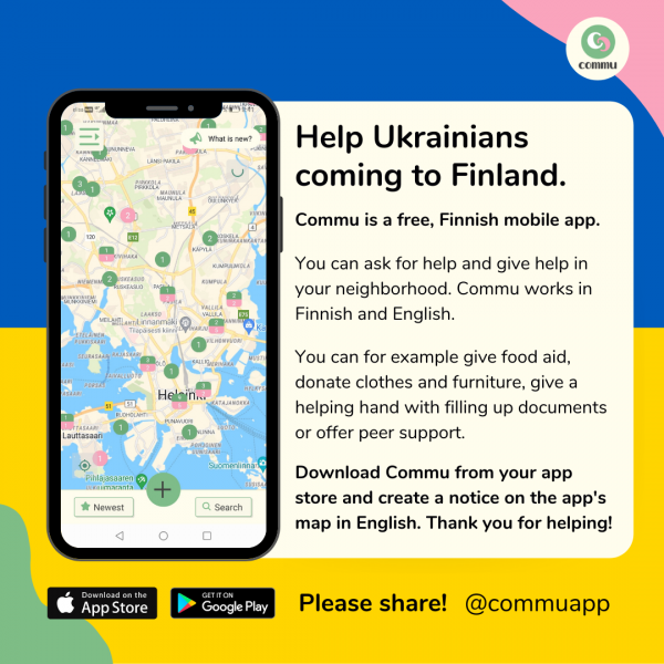 How can I help refugees in Finland, help ukrainians in Commu app, commuapp.fi